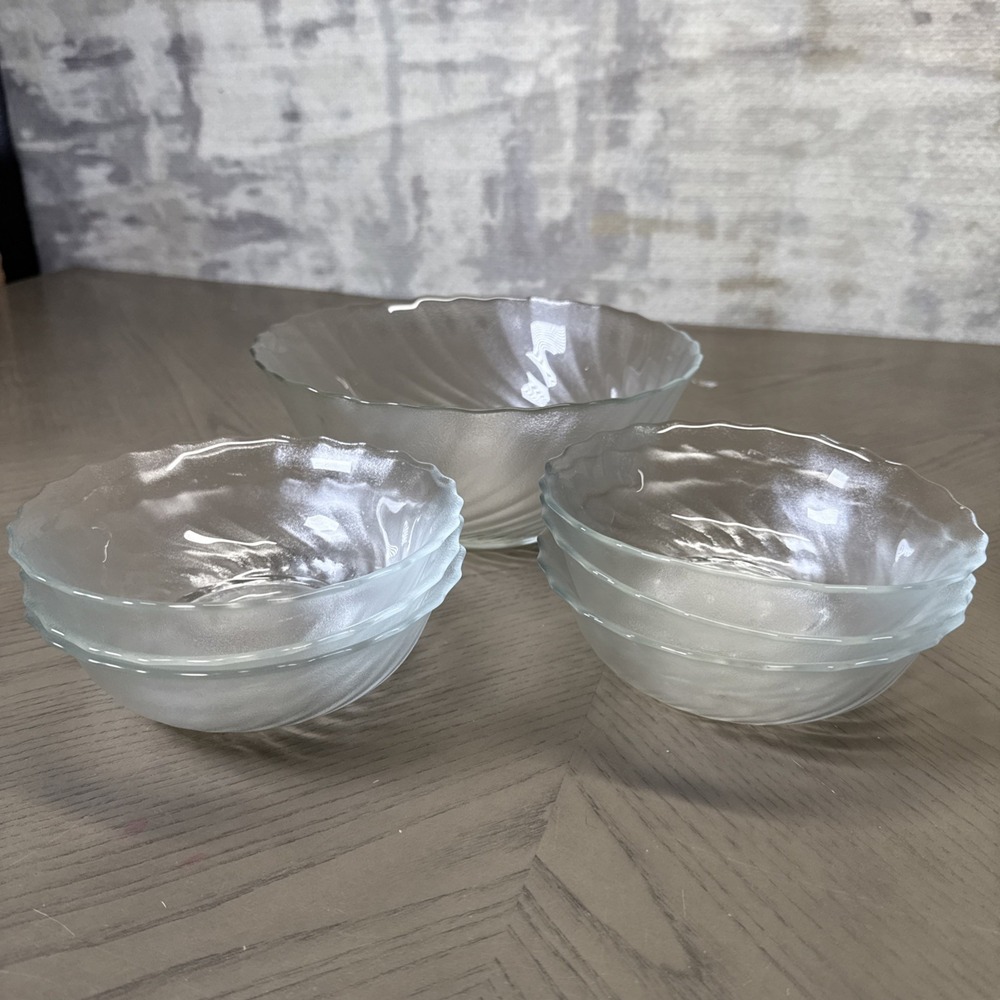 Large Vintage‎ Salad Bowl Clear With 6 Serving Bowls